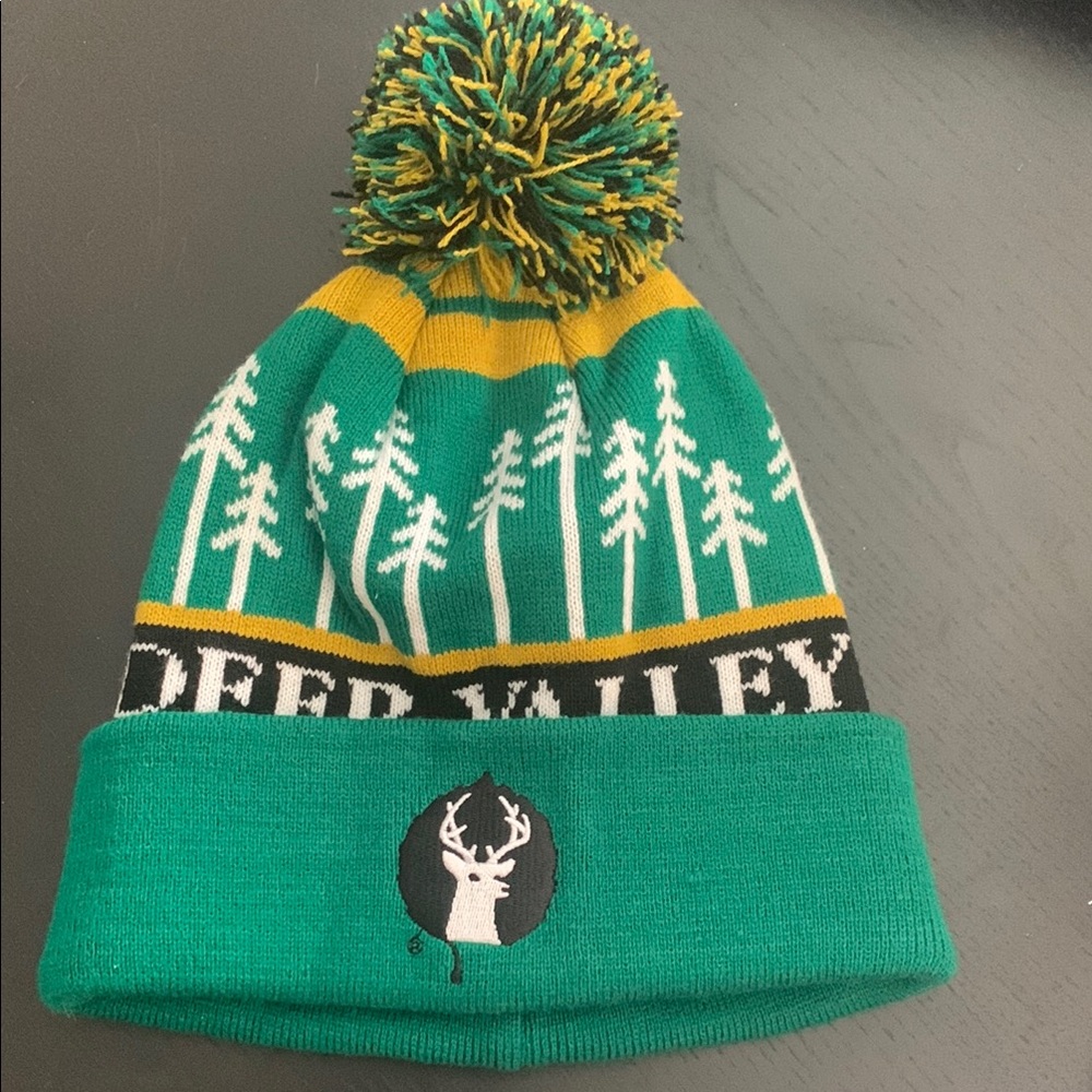 NWOT Deer Valley Snow Hat with Pom Pom Green Black White and Yellow - Adult